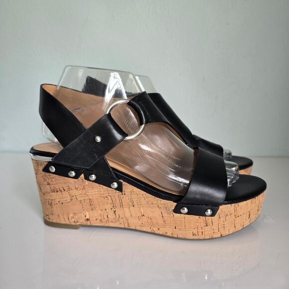 Marc Fisher Rana Wedge Platform Sandals Women's 8M Black Leather Cork Boho - Picture 1 of 12